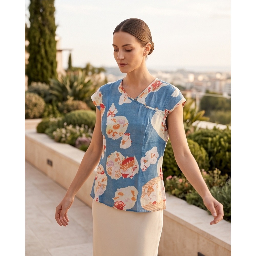 Citron Santa Monica L Blue Linen Asian Print Buddha Cap Sleeve Blouse Large